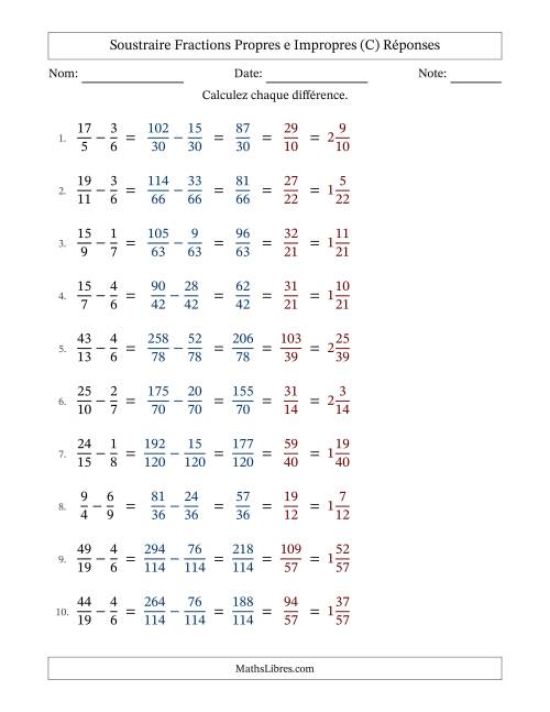 Soustraire fractions propres e impropres avec des dénominateurs différents, résultats en fractions mixtes, et avec simplification dans tous les problèmes (C) page 2