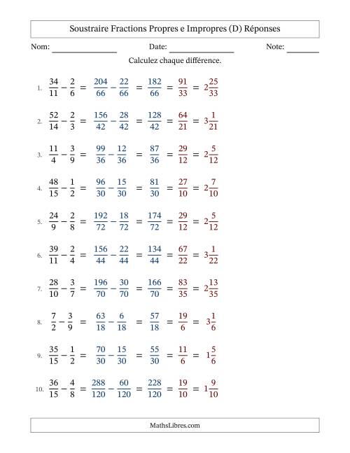 Soustraire fractions propres e impropres avec des dénominateurs différents, résultats en fractions mixtes, et avec simplification dans tous les problèmes (D) page 2