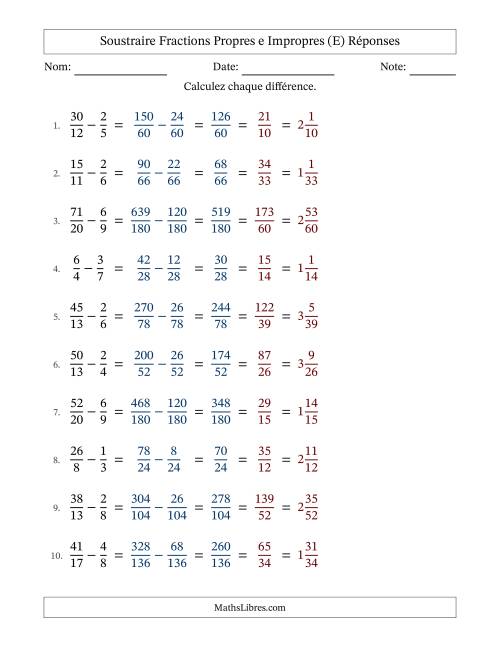 Soustraire fractions propres e impropres avec des dénominateurs différents, résultats en fractions mixtes, et avec simplification dans tous les problèmes (E) page 2