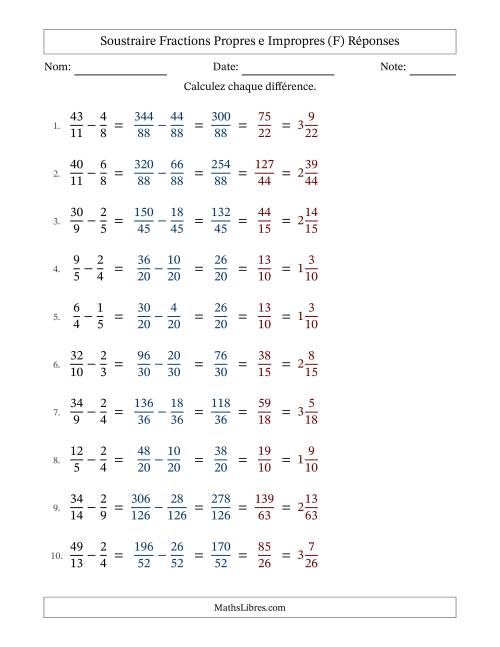 Soustraire fractions propres e impropres avec des dénominateurs différents, résultats en fractions mixtes, et avec simplification dans tous les problèmes (F) page 2