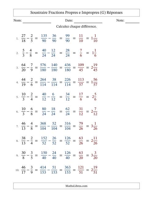 Soustraire fractions propres e impropres avec des dénominateurs différents, résultats en fractions mixtes, et avec simplification dans tous les problèmes (G) page 2