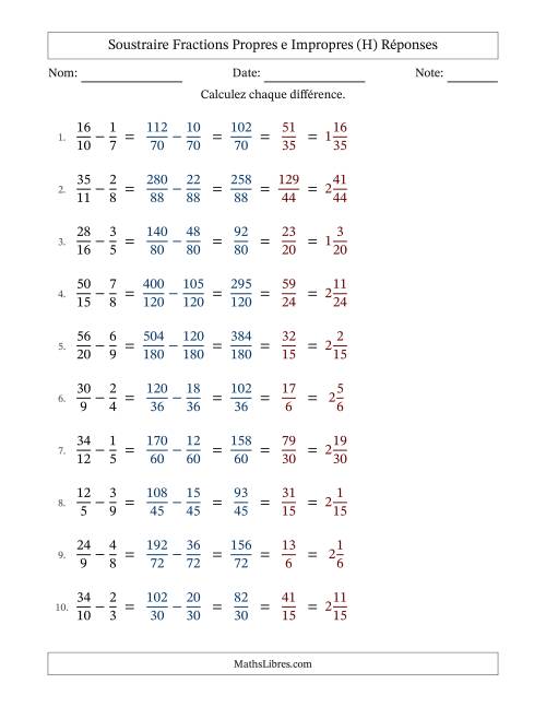 Soustraire fractions propres e impropres avec des dénominateurs différents, résultats en fractions mixtes, et avec simplification dans tous les problèmes (H) page 2