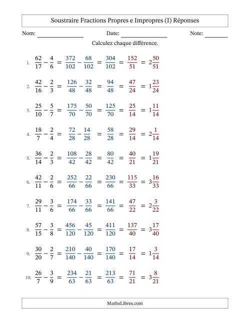 Soustraire fractions propres e impropres avec des dénominateurs différents, résultats en fractions mixtes, et avec simplification dans tous les problèmes (I) page 2
