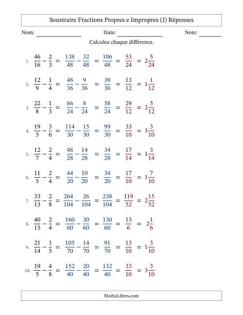 Soustraire fractions propres e impropres avec des dénominateurs différents, résultats en fractions mixtes, et avec simplification dans tous les problèmes (J) page 2