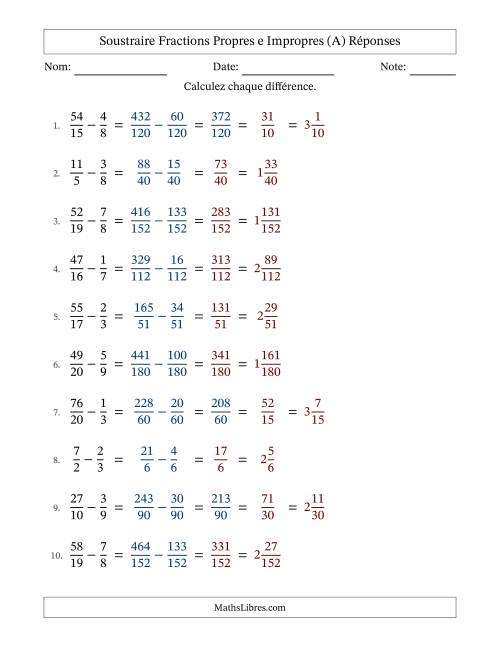 Soustraire fractions propres e impropres avec des dénominateurs différents, résultats en fractions mixtes, et avec simplification dans quelques problèmes (A) page 2