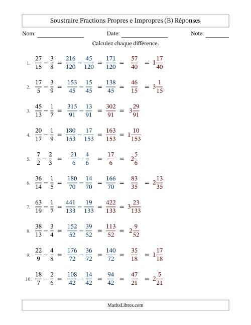 Soustraire fractions propres e impropres avec des dénominateurs différents, résultats en fractions mixtes, et avec simplification dans quelques problèmes (B) page 2