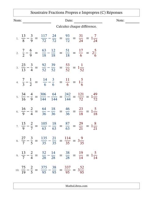 Soustraire fractions propres e impropres avec des dénominateurs différents, résultats en fractions mixtes, et avec simplification dans quelques problèmes (C) page 2