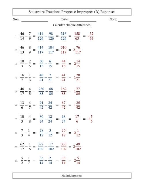 Soustraire fractions propres e impropres avec des dénominateurs différents, résultats en fractions mixtes, et avec simplification dans quelques problèmes (D) page 2