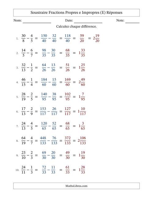Soustraire fractions propres e impropres avec des dénominateurs différents, résultats en fractions mixtes, et avec simplification dans quelques problèmes (E) page 2