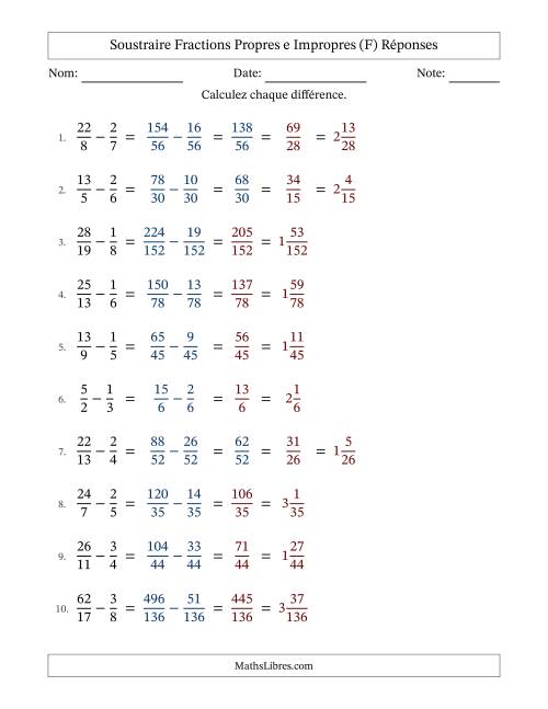 Soustraire fractions propres e impropres avec des dénominateurs différents, résultats en fractions mixtes, et avec simplification dans quelques problèmes (F) page 2