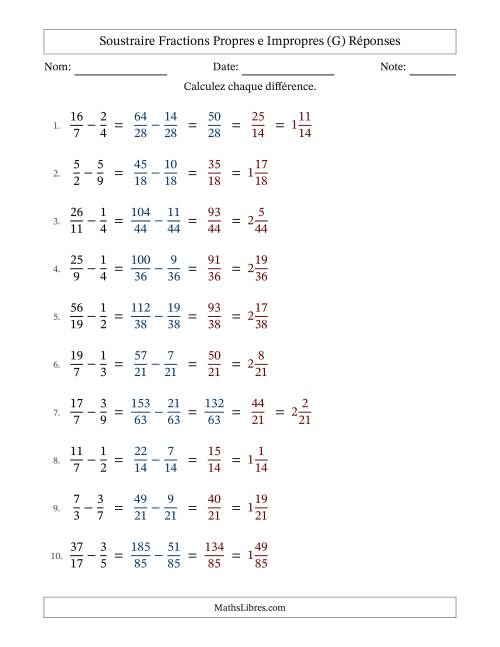 Soustraire fractions propres e impropres avec des dénominateurs différents, résultats en fractions mixtes, et avec simplification dans quelques problèmes (G) page 2