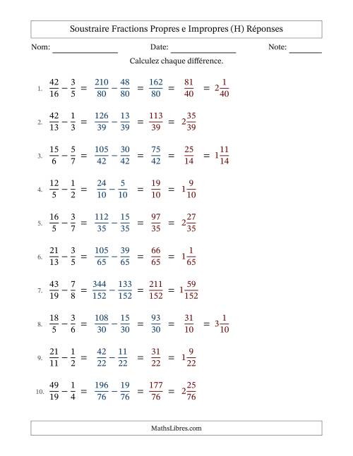 Soustraire fractions propres e impropres avec des dénominateurs différents, résultats en fractions mixtes, et avec simplification dans quelques problèmes (H) page 2