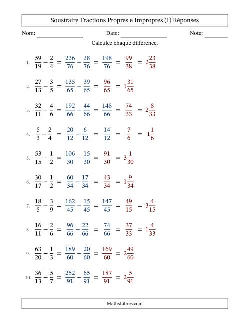 Soustraire fractions propres e impropres avec des dénominateurs différents, résultats en fractions mixtes, et avec simplification dans quelques problèmes (I) page 2