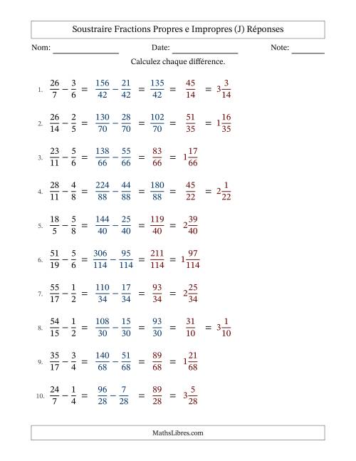 Soustraire fractions propres e impropres avec des dénominateurs différents, résultats en fractions mixtes, et avec simplification dans quelques problèmes (J) page 2