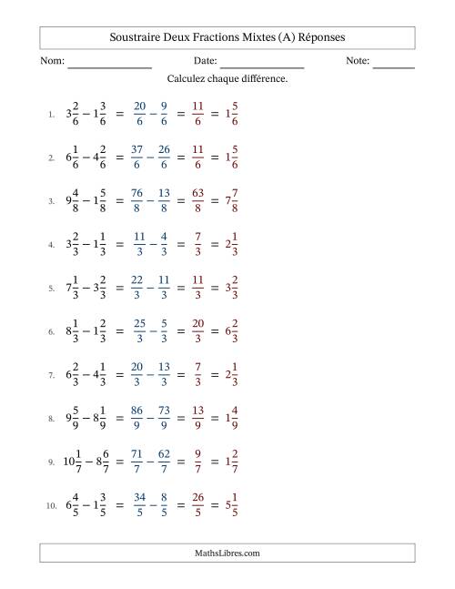 Soustraire deux fractions mixtes avec des dénominateurs égaux, résultats en fractions mixtes, et sans simplification (A) page 2