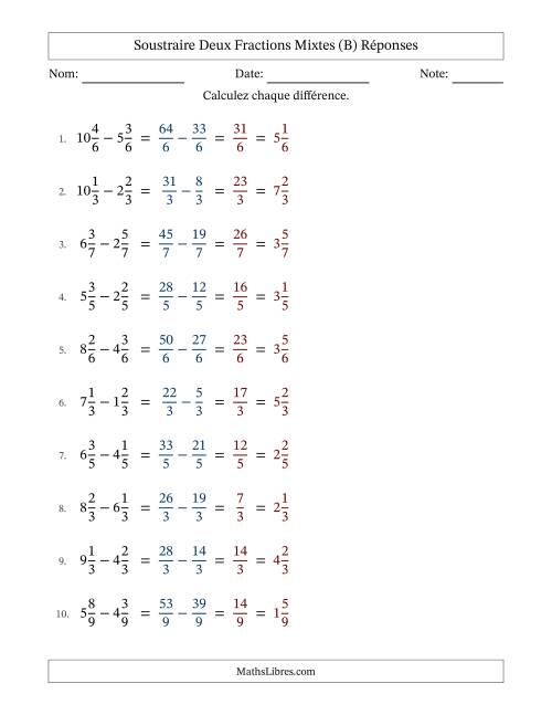 Soustraire deux fractions mixtes avec des dénominateurs égaux, résultats en fractions mixtes, et sans simplification (B) page 2