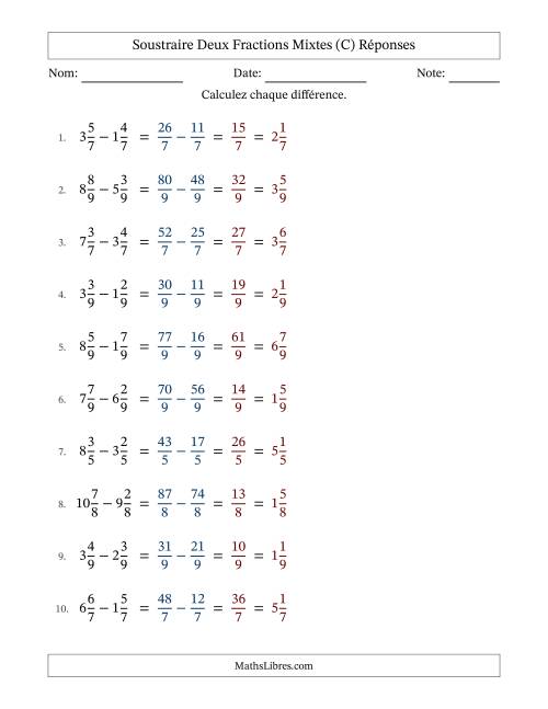 Soustraire deux fractions mixtes avec des dénominateurs égaux, résultats en fractions mixtes, et sans simplification (C) page 2