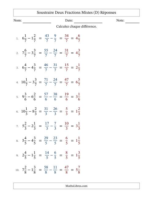 Soustraire deux fractions mixtes avec des dénominateurs égaux, résultats en fractions mixtes, et sans simplification (D) page 2