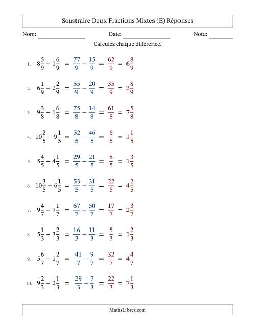 Soustraire deux fractions mixtes avec des dénominateurs égaux, résultats en fractions mixtes, et sans simplification (E) page 2