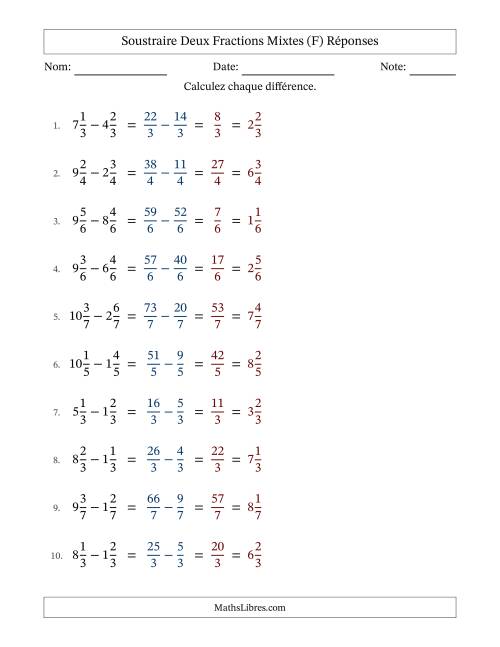 Soustraire deux fractions mixtes avec des dénominateurs égaux, résultats en fractions mixtes, et sans simplification (F) page 2
