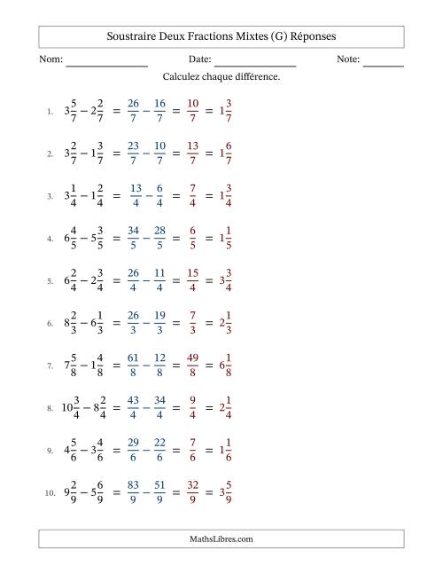 Soustraire deux fractions mixtes avec des dénominateurs égaux, résultats en fractions mixtes, et sans simplification (G) page 2