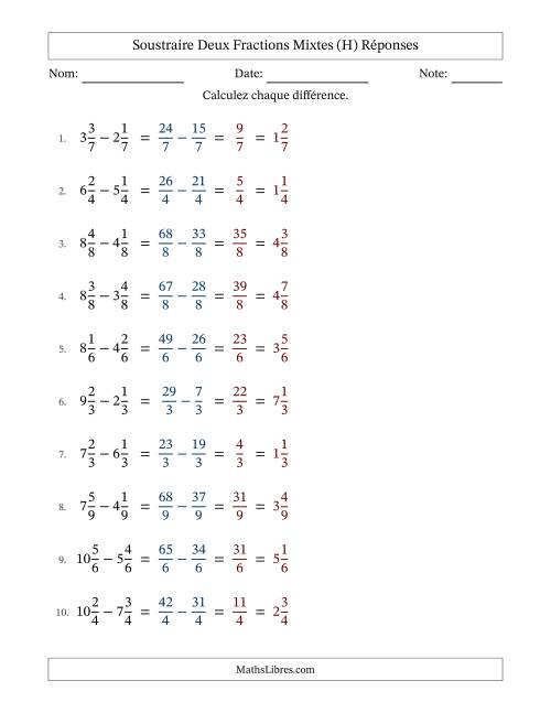 Soustraire deux fractions mixtes avec des dénominateurs égaux, résultats en fractions mixtes, et sans simplification (H) page 2