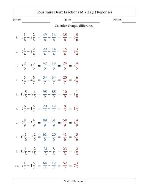 Soustraire deux fractions mixtes avec des dénominateurs égaux, résultats en fractions mixtes, et sans simplification (I) page 2