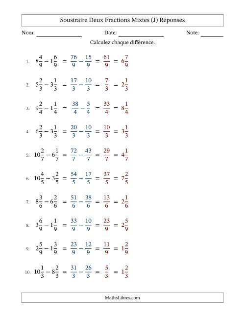 Soustraire deux fractions mixtes avec des dénominateurs égaux, résultats en fractions mixtes, et sans simplification (J) page 2