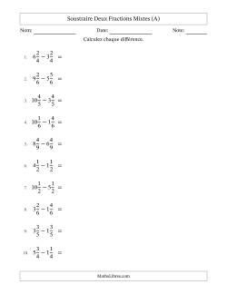 Soustraire deux fractions mixtes avec des dénominateurs égaux, résultats en fractions mixtes, et avec simplification dans tous les problèmes