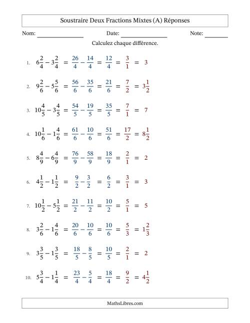 Soustraire deux fractions mixtes avec des dénominateurs égaux, résultats en fractions mixtes, et avec simplification dans tous les problèmes (A) page 2