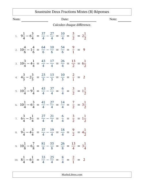 Soustraire deux fractions mixtes avec des dénominateurs égaux, résultats en fractions mixtes, et avec simplification dans tous les problèmes (B) page 2
