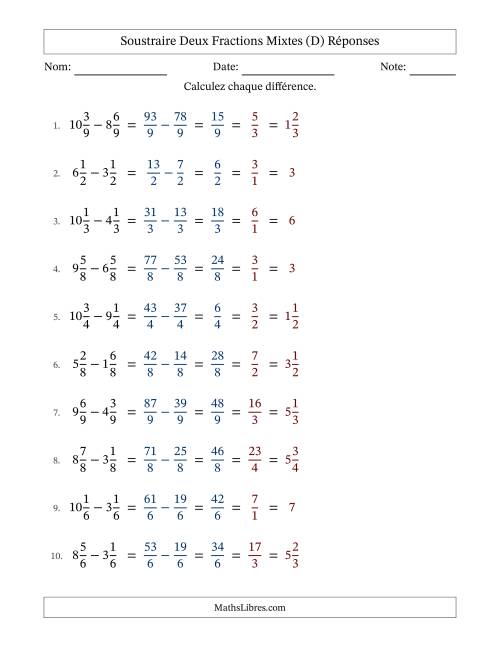 Soustraire deux fractions mixtes avec des dénominateurs égaux, résultats en fractions mixtes, et avec simplification dans tous les problèmes (D) page 2