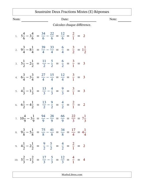 Soustraire deux fractions mixtes avec des dénominateurs égaux, résultats en fractions mixtes, et avec simplification dans tous les problèmes (E) page 2