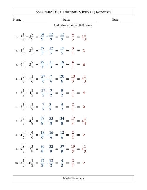 Soustraire deux fractions mixtes avec des dénominateurs égaux, résultats en fractions mixtes, et avec simplification dans tous les problèmes (F) page 2
