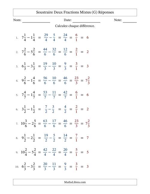 Soustraire deux fractions mixtes avec des dénominateurs égaux, résultats en fractions mixtes, et avec simplification dans tous les problèmes (G) page 2
