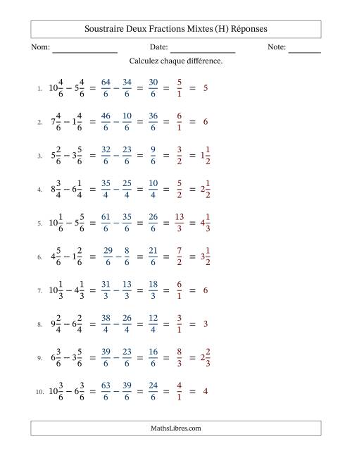 Soustraire deux fractions mixtes avec des dénominateurs égaux, résultats en fractions mixtes, et avec simplification dans tous les problèmes (H) page 2