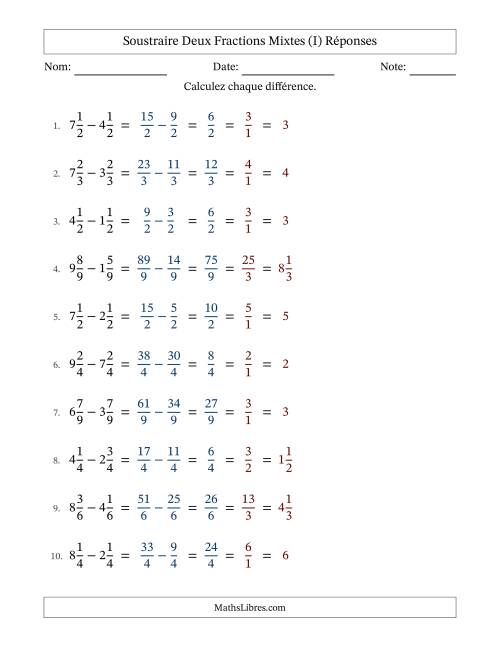 Soustraire deux fractions mixtes avec des dénominateurs égaux, résultats en fractions mixtes, et avec simplification dans tous les problèmes (I) page 2
