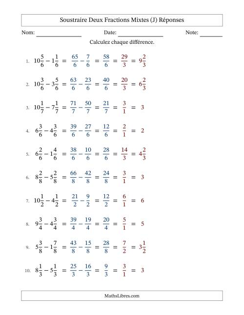 Soustraire deux fractions mixtes avec des dénominateurs égaux, résultats en fractions mixtes, et avec simplification dans tous les problèmes (J) page 2