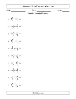 Soustraire deux fractions mixtes avec des dénominateurs égaux, résultats en fractions mixtes, et avec simplification dans quelques problèmes