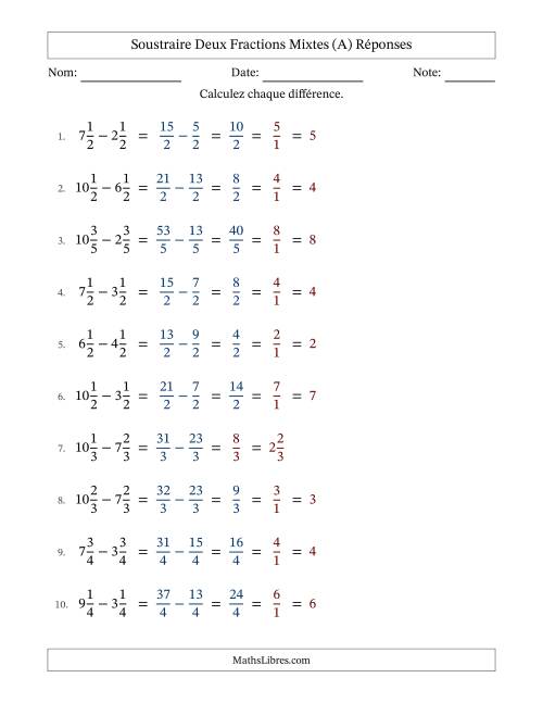 Soustraire deux fractions mixtes avec des dénominateurs égaux, résultats en fractions mixtes, et avec simplification dans quelques problèmes (A) page 2