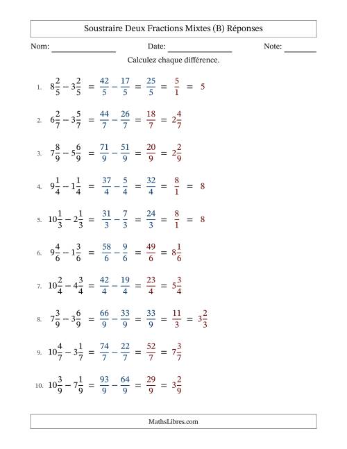 Soustraire deux fractions mixtes avec des dénominateurs égaux, résultats en fractions mixtes, et avec simplification dans quelques problèmes (B) page 2