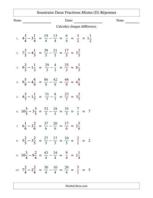Soustraire deux fractions mixtes avec des dénominateurs égaux, résultats en fractions mixtes, et avec simplification dans quelques problèmes (D) page 2