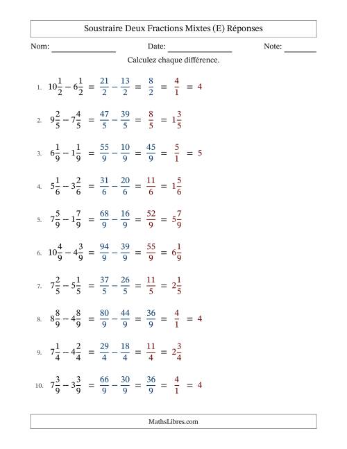 Soustraire deux fractions mixtes avec des dénominateurs égaux, résultats en fractions mixtes, et avec simplification dans quelques problèmes (E) page 2