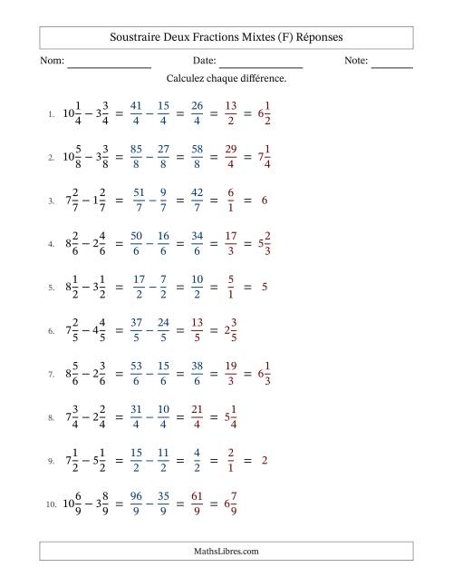 Soustraire deux fractions mixtes avec des dénominateurs égaux, résultats en fractions mixtes, et avec simplification dans quelques problèmes (F) page 2