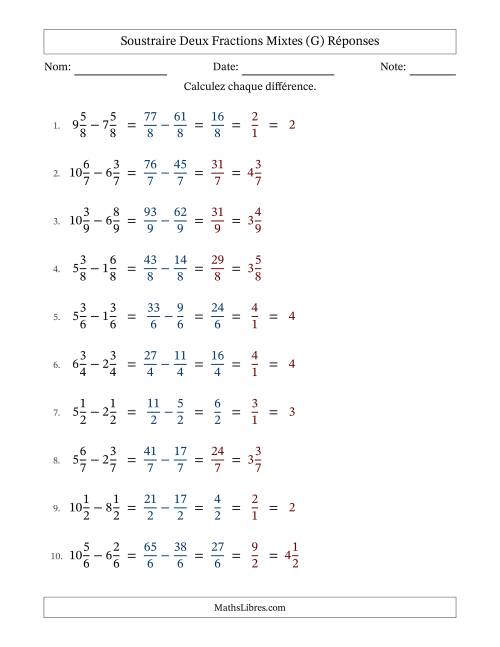 Soustraire deux fractions mixtes avec des dénominateurs égaux, résultats en fractions mixtes, et avec simplification dans quelques problèmes (G) page 2