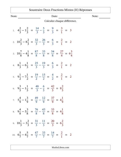 Soustraire deux fractions mixtes avec des dénominateurs égaux, résultats en fractions mixtes, et avec simplification dans quelques problèmes (H) page 2