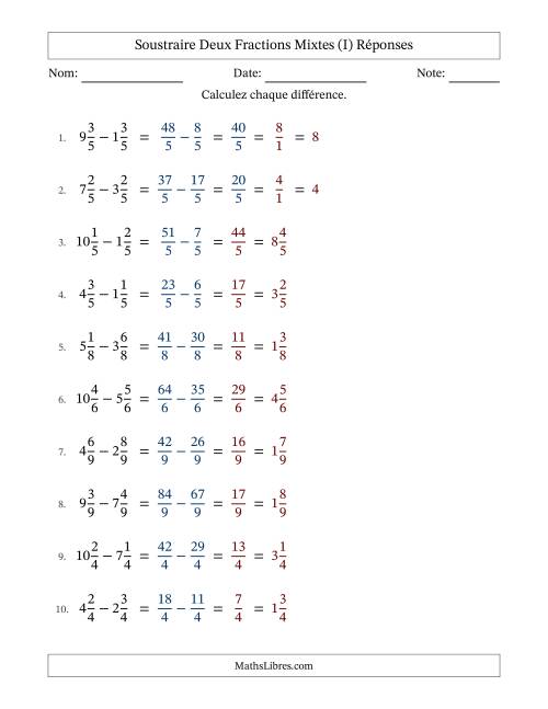 Soustraire deux fractions mixtes avec des dénominateurs égaux, résultats en fractions mixtes, et avec simplification dans quelques problèmes (I) page 2