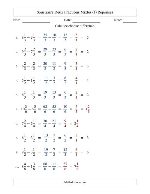 Soustraire deux fractions mixtes avec des dénominateurs égaux, résultats en fractions mixtes, et avec simplification dans quelques problèmes (J) page 2