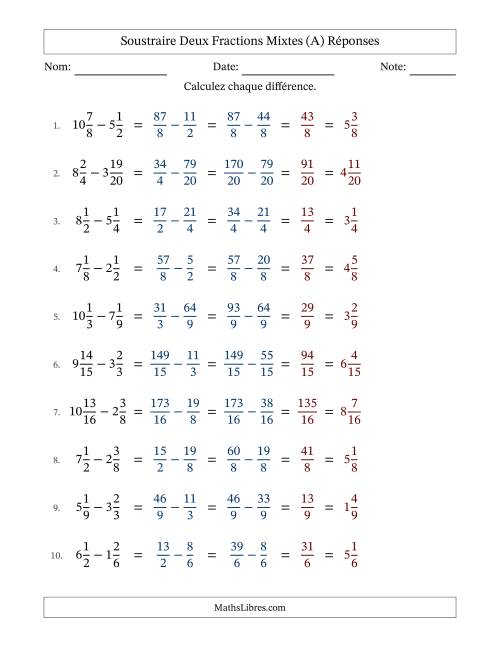 Soustraire deux fractions mixtes avec des dénominateurs similaires, résultats en fractions mixtes, et sans simplification (A) page 2
