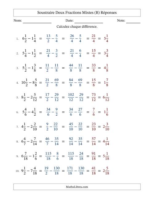 Soustraire deux fractions mixtes avec des dénominateurs similaires, résultats en fractions mixtes, et sans simplification (B) page 2